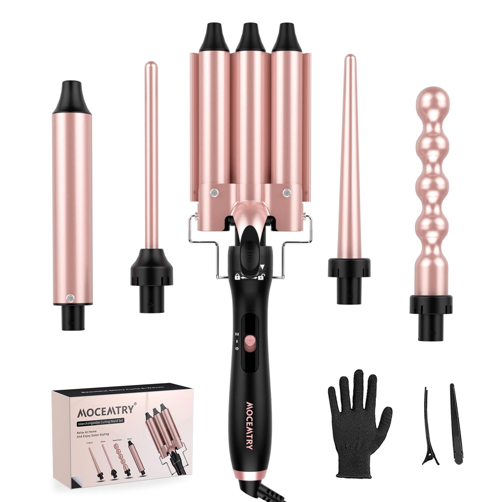 MOCEMTRY 5 in 1 Curling Wand Set with 3 Barrel Hair Crimper for Women