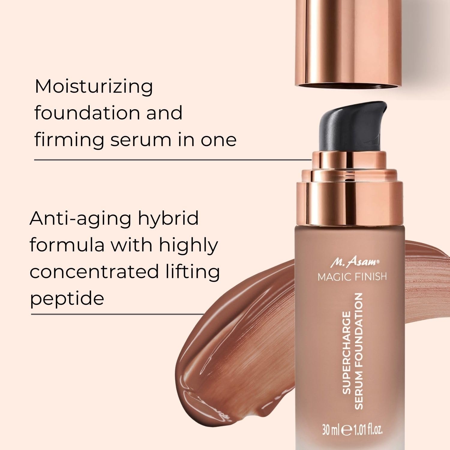 M. Asam Magic Finish Supercharge Serum Foundation Deep Almond (1.01 Fl Oz) - Moisturizing Make Up & Firming Face Serum In One, A