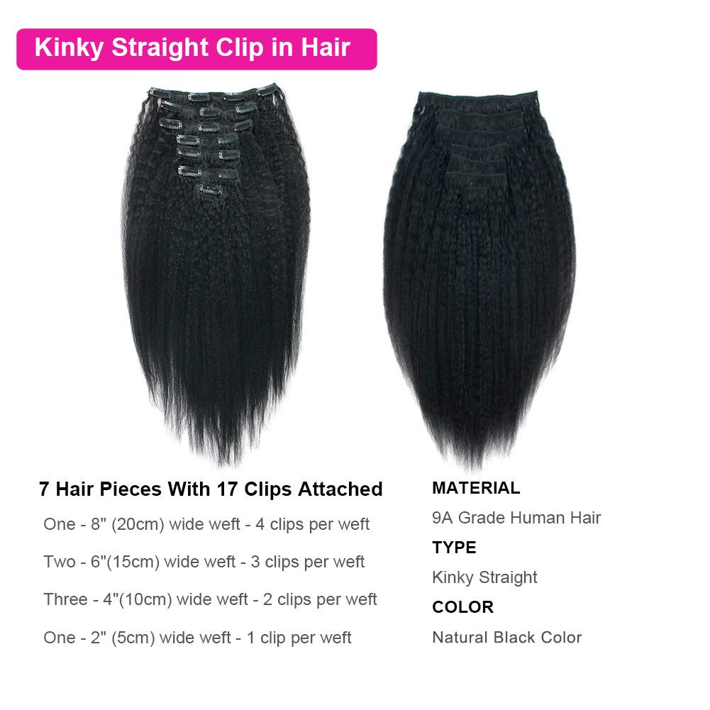 Lovrio 9A Grade Kinky Straight Brazilian Virgin Hair Clip In Extension For Black Women, Double Lace Wefts, Natural Black Color 7