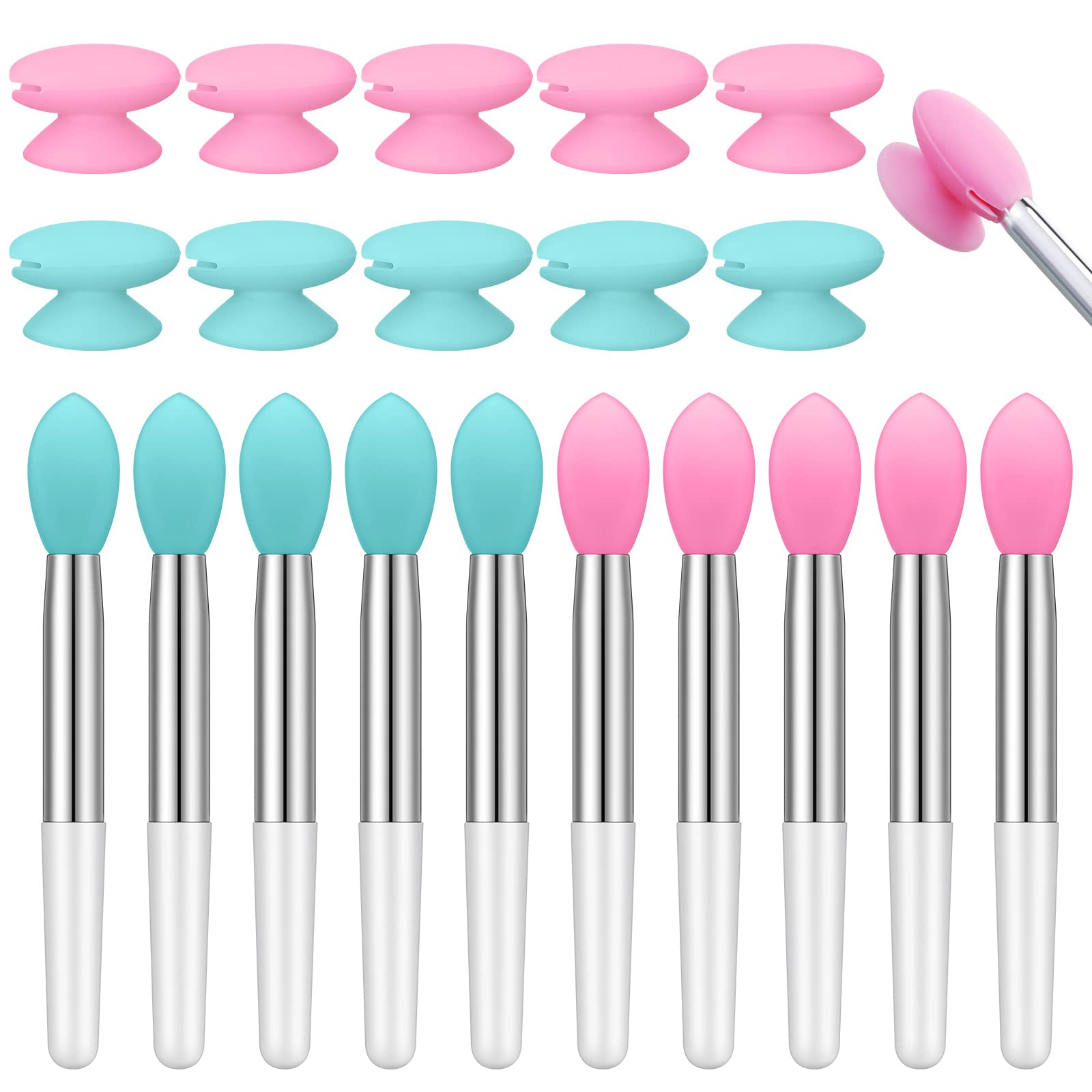 20 Pcs Silicone Lip Brush Covers and Lip Brushes for Lipsticks, Lip Gloss, Lip Balm and Other Cream Makeup Products (Pink, Green