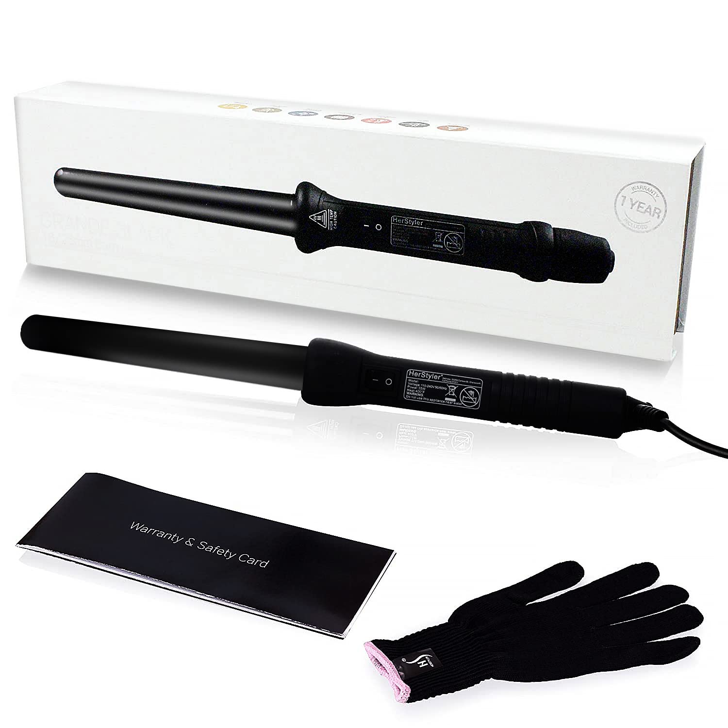 Herstyler Grande Ceramic Curling Wand - 1 inch Dual Voltage for Long and Short Hair - Negative Ions (Black)