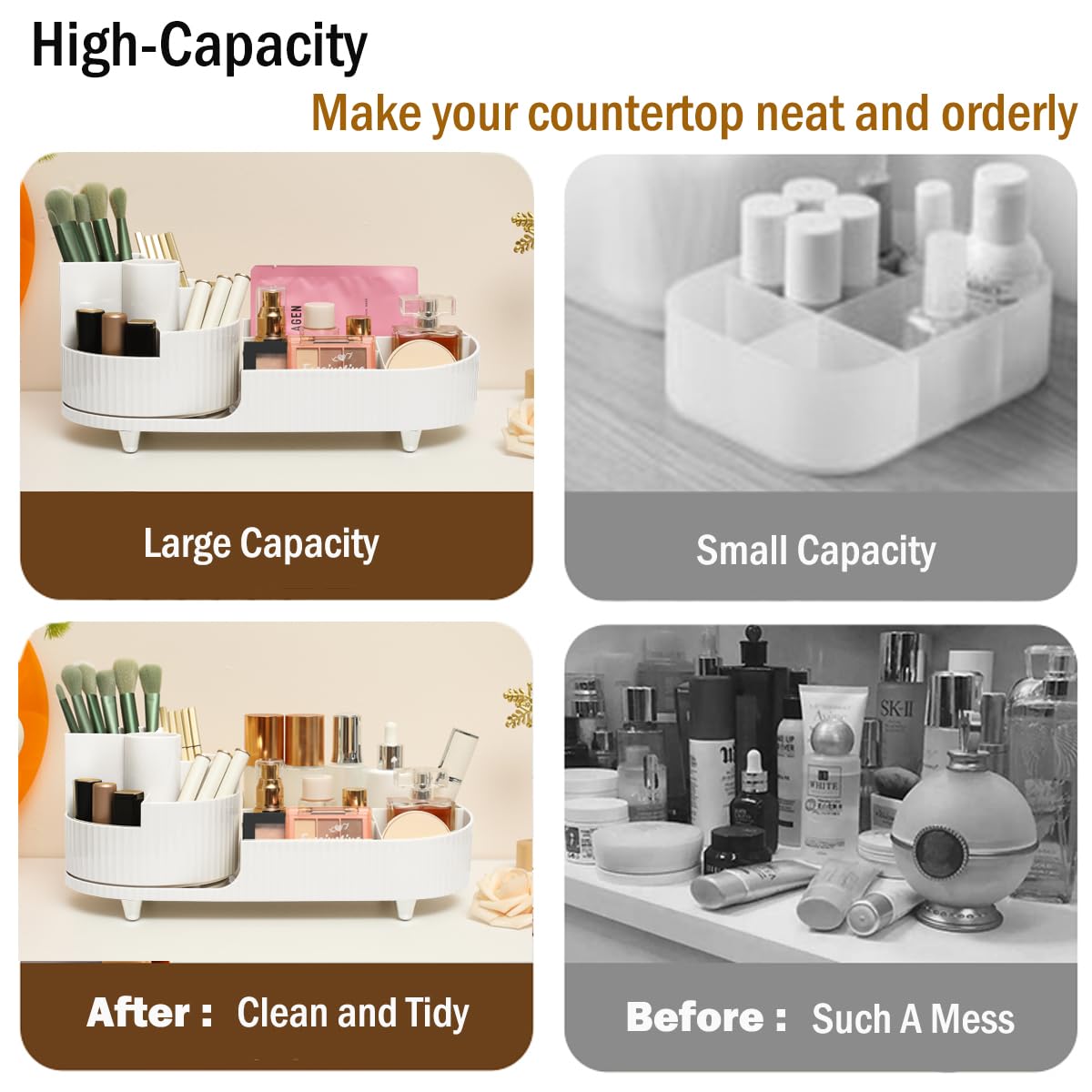 Makeup Organizer Countertop Rotating Makeup Organizer For Vanity Large Capacity Cosmetic Display Case With Makeup Brush Holder C