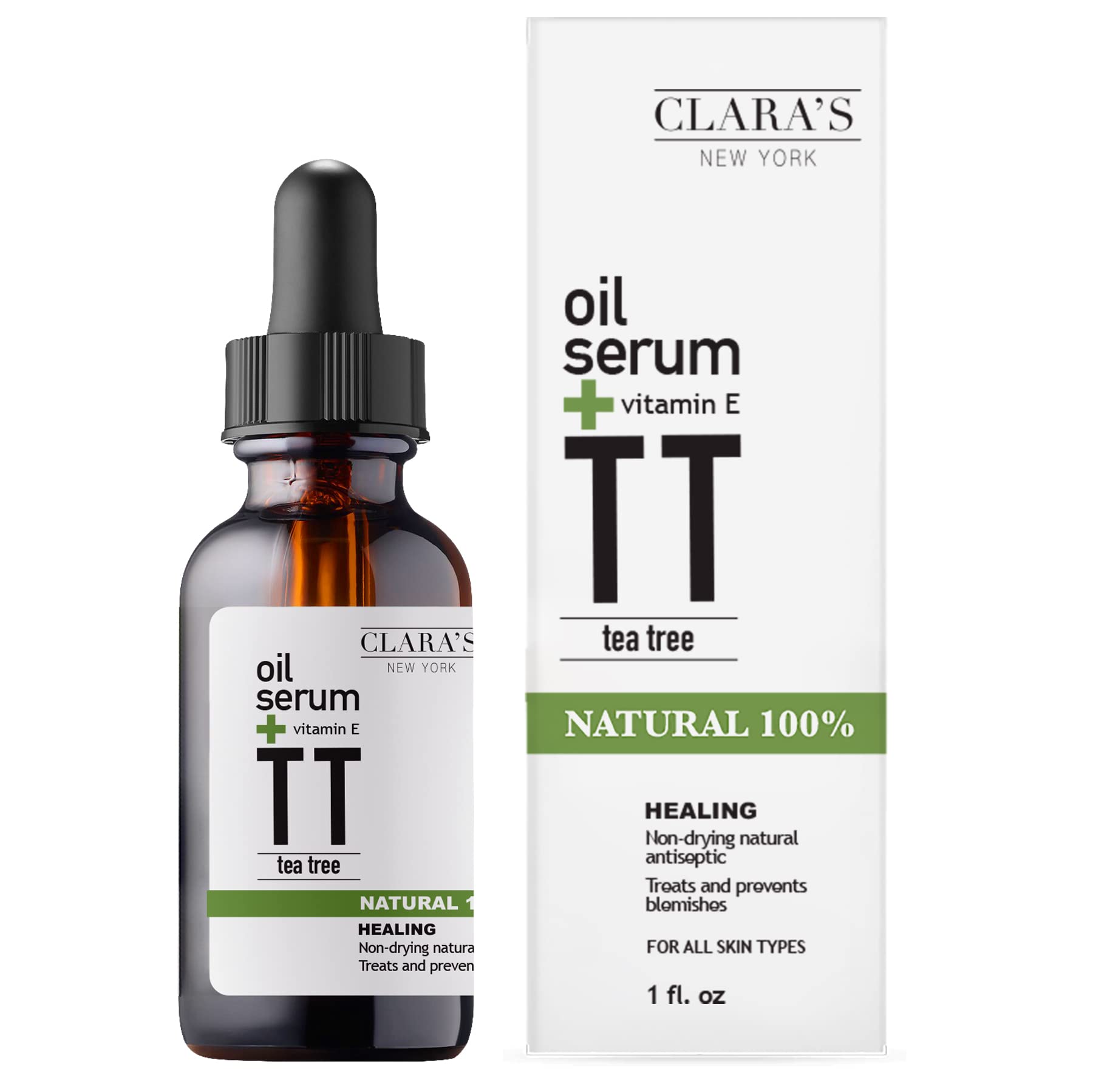 Clara's New York 100% Natural Tea Tree Facial Oil Serum with Vitamin E for Clearing Acne, Breakout, Pimple and Calming Redness, 