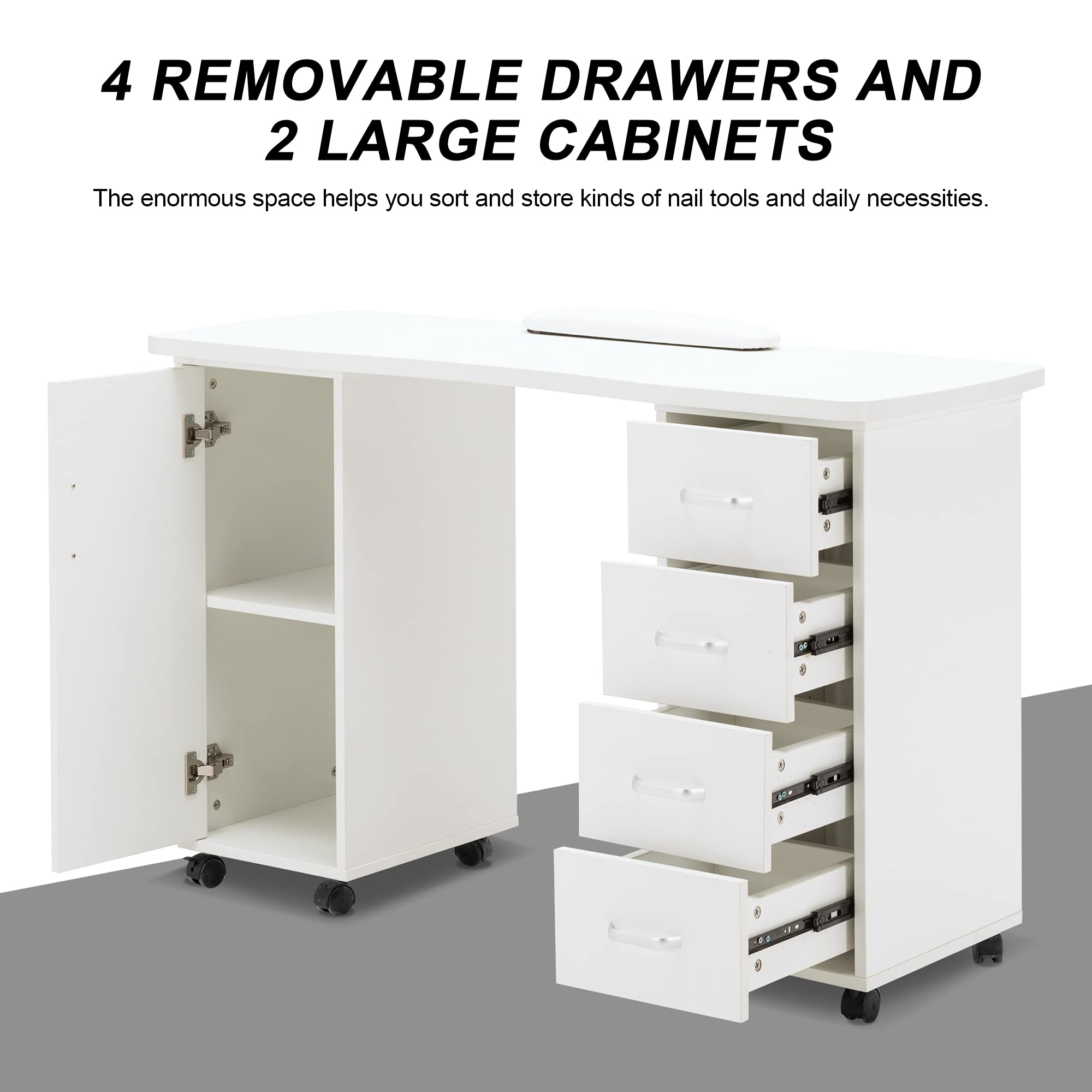 Barberpub Manicure Table, Acetone Resistant Nail Desk, Nail Table With 4 Drawers, 2 Cabinet, Lockable Wheels, Wrist Pad, Nail De