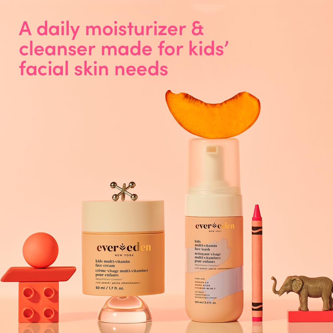 Evereden Kids Happy Face Duo (Cool Peach) - Multi-Vitamin Kids Face Wash & Cream Set - Clean, Vegan Skin Care For 3+ - Moisturiz
