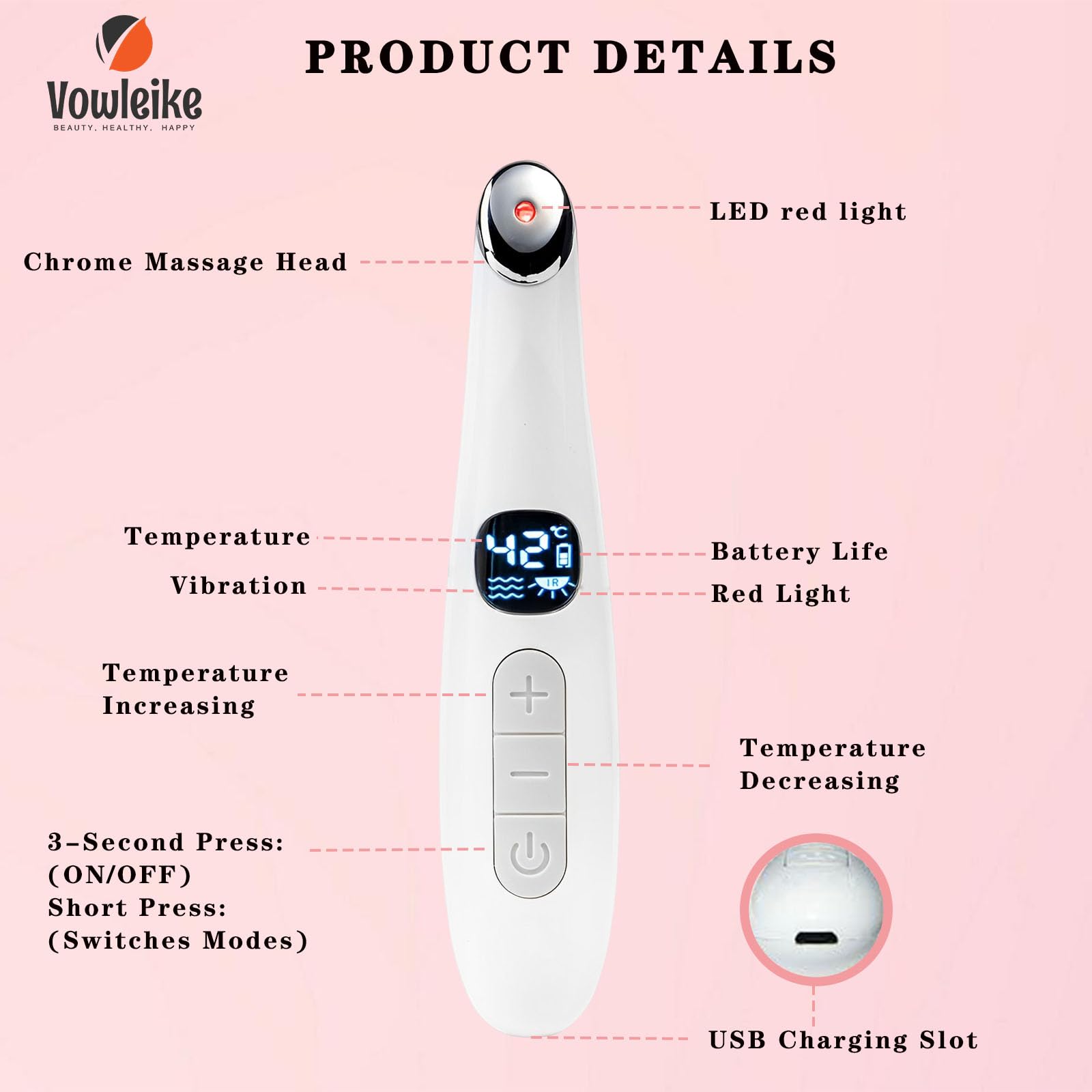 Vowleike Eye Lift Wand, 3 In 1 Vibrating Red Light 98F To 113F Lcd Display Eye Massager For Dry Eyes, Dark Circles And Puffiness