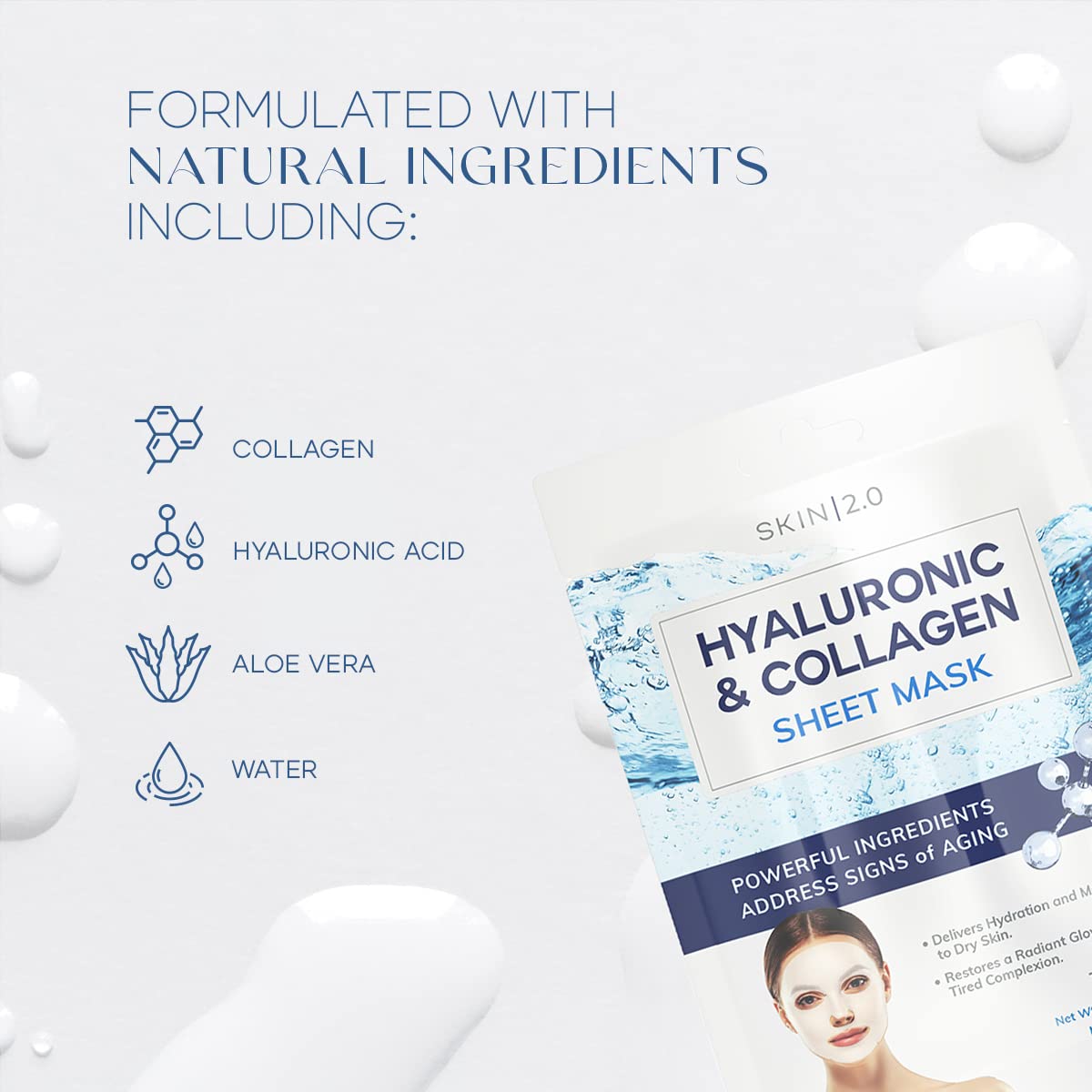 Skin 2.0 Hyaluronic Acid And Collagen Sheet Face Mask - Boosts Moisture, Skin Firming, Reduces Signs Of Aging, Hydrating Sheet M