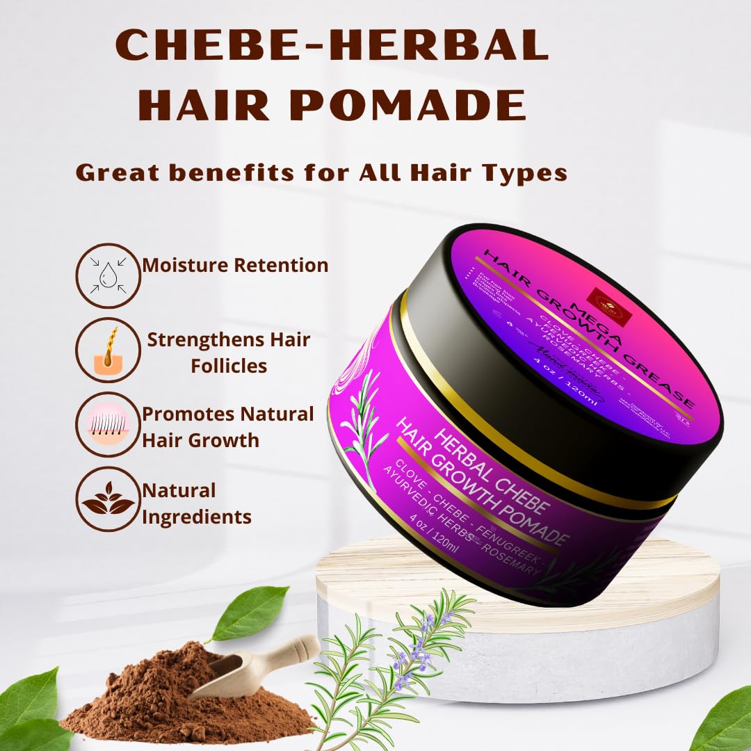 Chebe Magic Hair Growth Grease, With Organic Chebe From Chad, Rosemary, Moringa Leaf And Ayurvedic Herbs. Stimulate Scalp For Ra