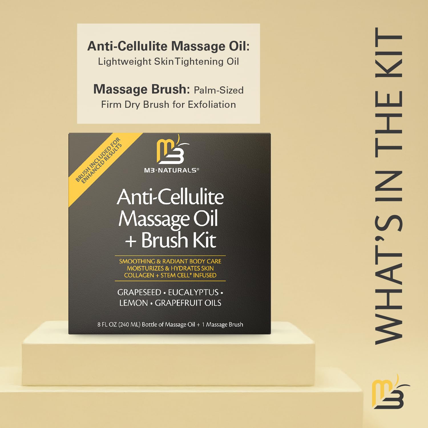 M3 Naturals Anti Cellulite Massage Oil & Firm Dry Brush Kit - Collagen & Stem Cell Skin Tightening, 4 Fl Oz (Pack of 2) for Radiant Skin