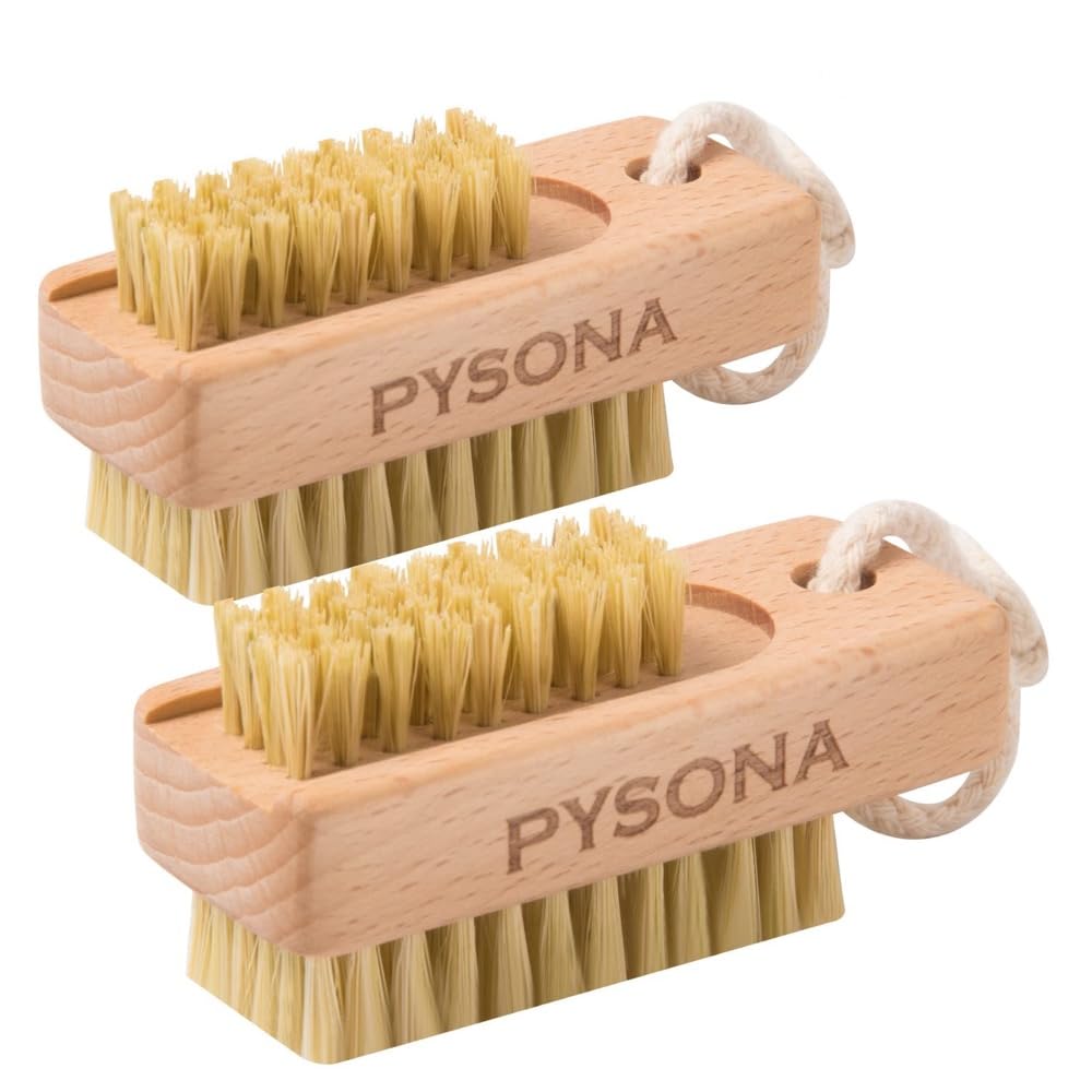 PySona 2 Pieces Natural Wooden bristle nail brushes for Cleaning Fingernail and Toenail non-slip two-sided Grip Hand foot Nail B