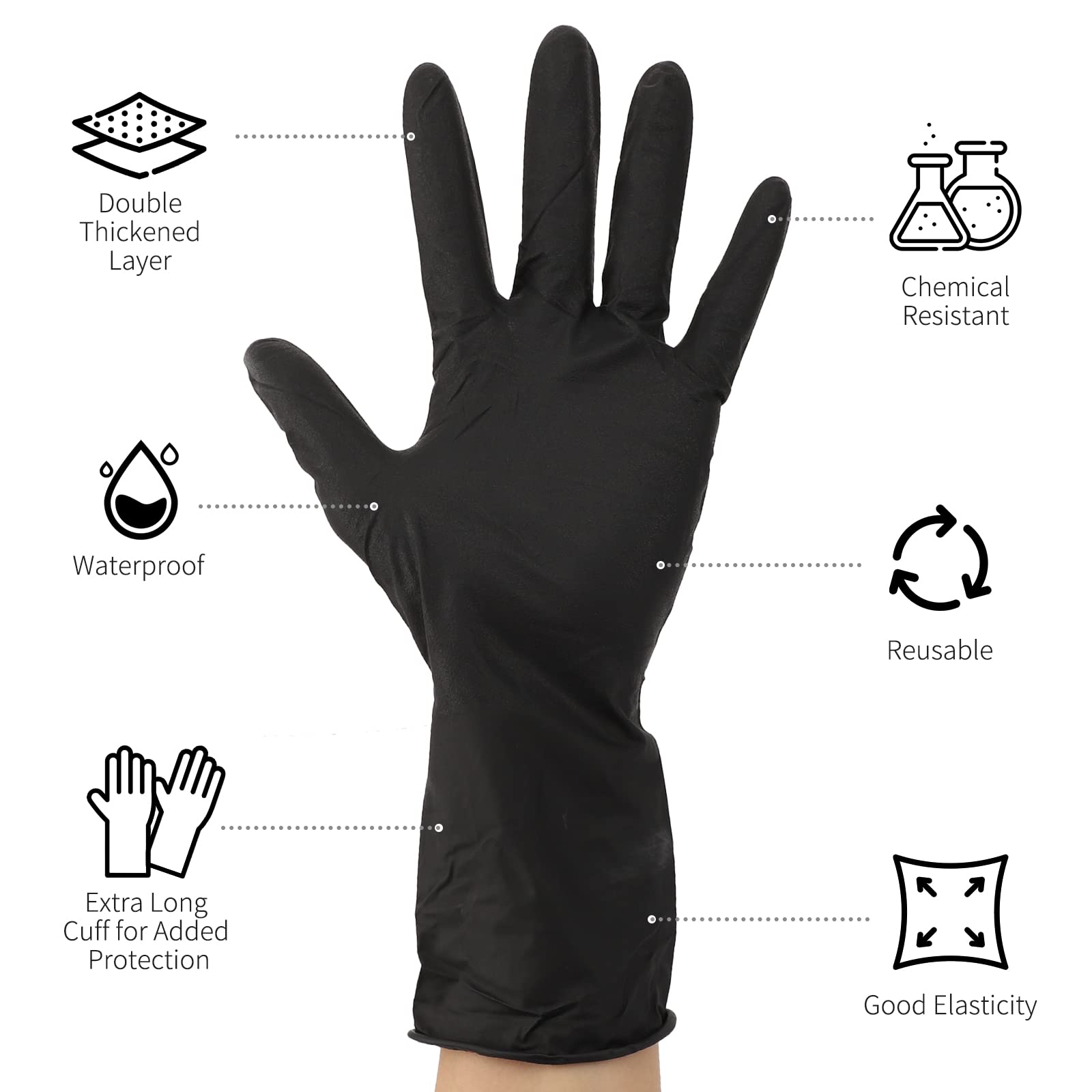 Segbeauty Black Gloves Reusable, 12 Inch Thickened Prolonged Powder Free Non-Latex Rubber Gloves, 16 Counts Washable Cleaning Gl