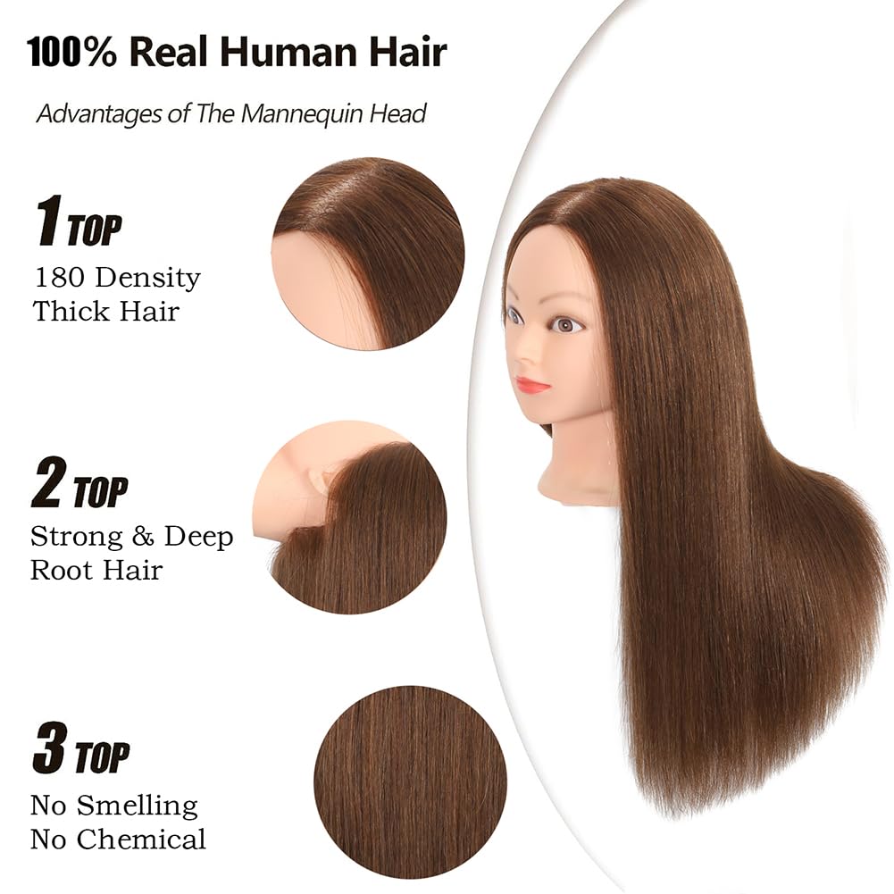 Zomoi Mannequin Head With 100% Real Human Hair, Cosmetology Mannequin Doll Head For Styling Hairdresser Practice Training Head (