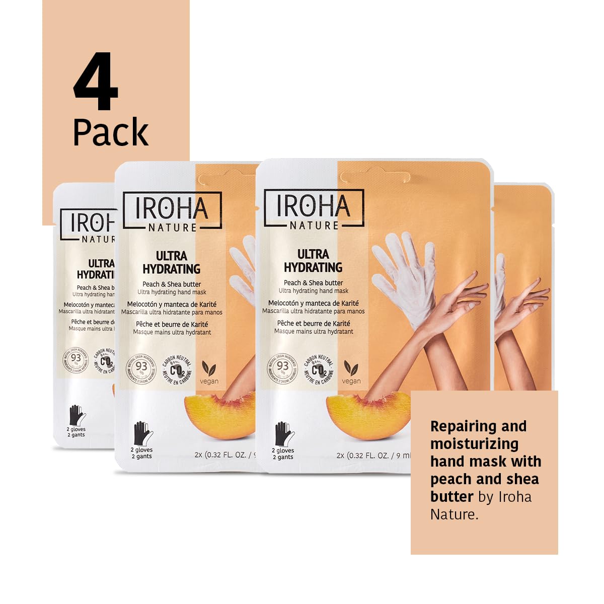 Iroha Nature Hand Mask With Peach & Shea Butter - 4 Pairs - Moisturizing Gloves For Dry, Cracked, Aging Hands | Intensive Skinca