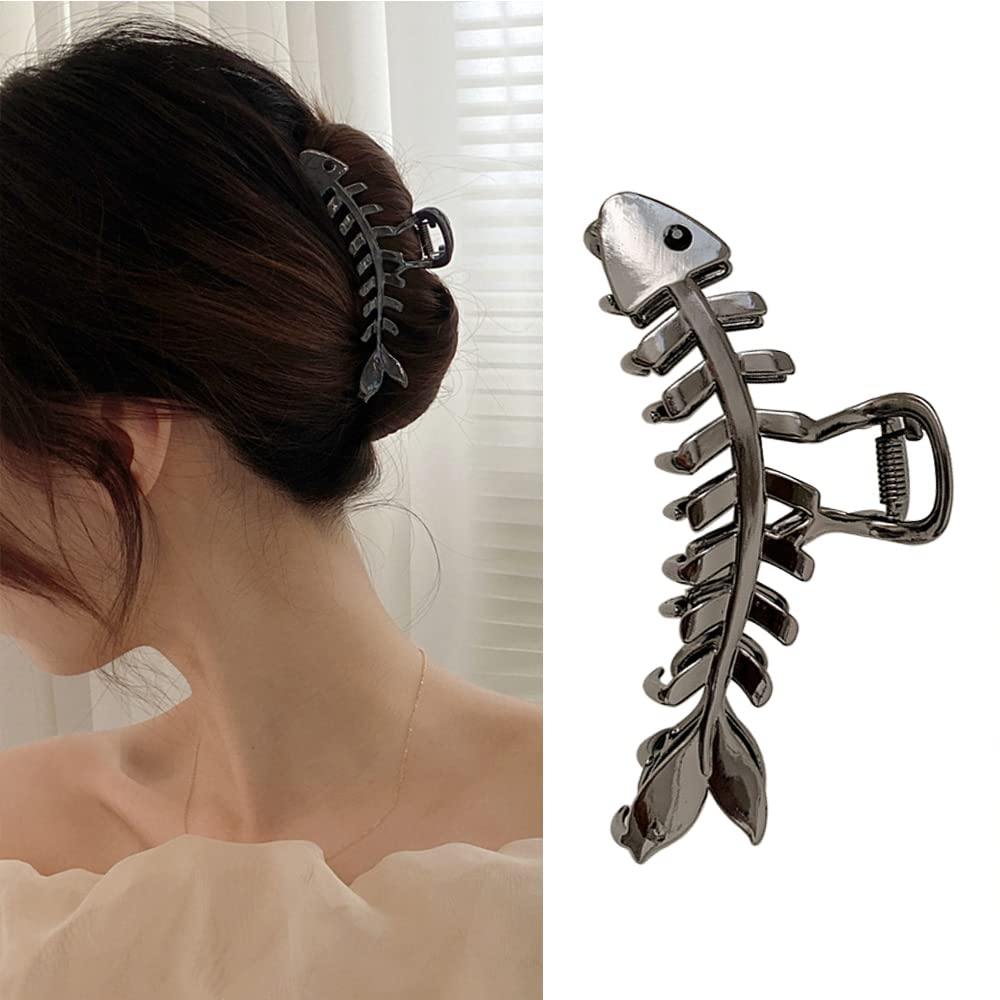 AIUPUOC Black Hair Clip Fish Bone Shape Metal Hair Claw for Women - Fashion Geometric Hairpins, Hair Grip for French Style Haird