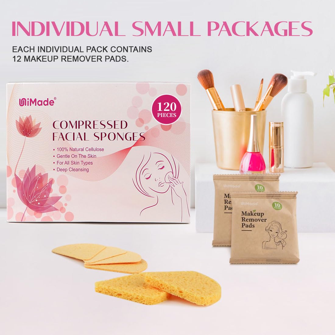 Unimade 120-Count Compressed Facial Sponges, Face Sponges For Cleansing, 100% Natural Cellulose Cosmetic Spa Scrub For Makeup Re