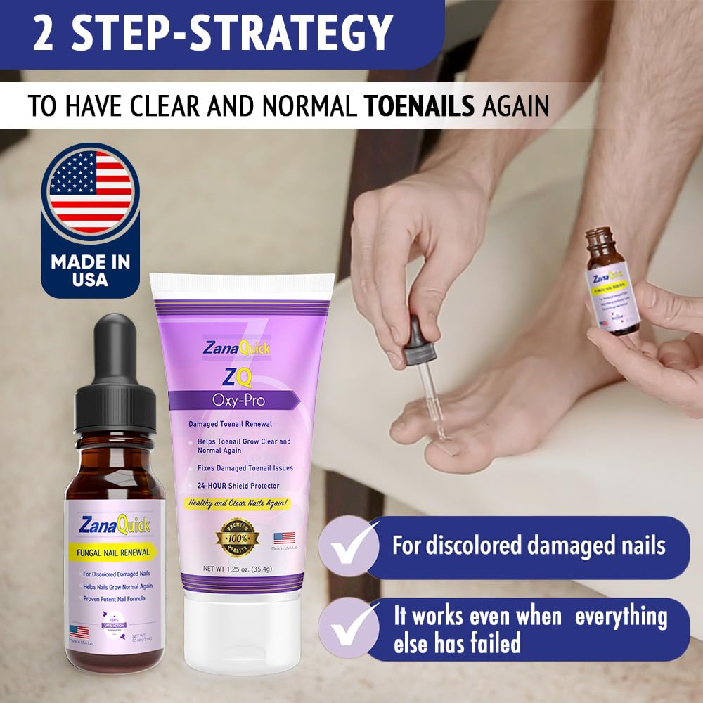 Zanaquick 2 Step Toenail Fungus Treatment. Extra Strength Damaged Nail Solution. Nail Renewal Drops And Damaged Nail Disruptor -