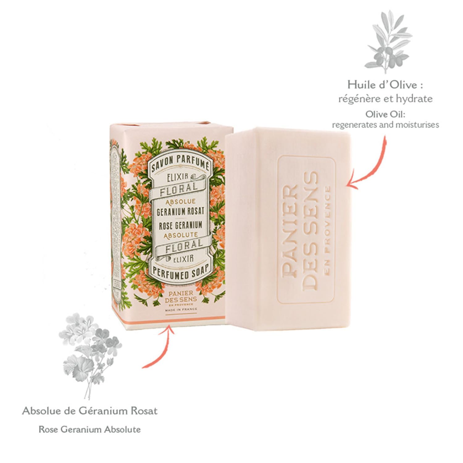 Panier Des Sens - Rose Geranium Bar Soap - Moisturizing Gentle Scented Soap Bar - Natural Soap With Olive Oil - 97% Natural Ingr