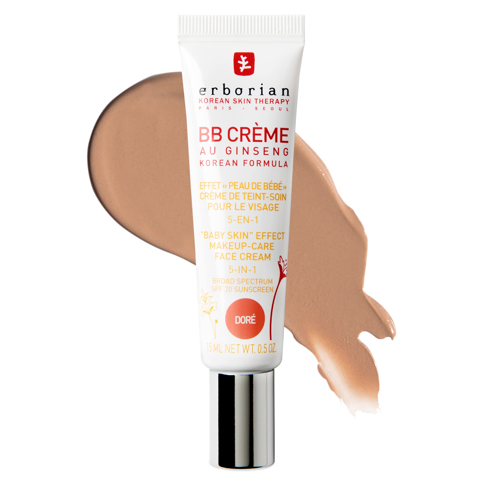 Erborian BB Cream with Ginseng, Tan (Dore) - Lightweight Buildable Coverage with SPF 20 & Ultra-Soft Matte Finish Minimizes Pore