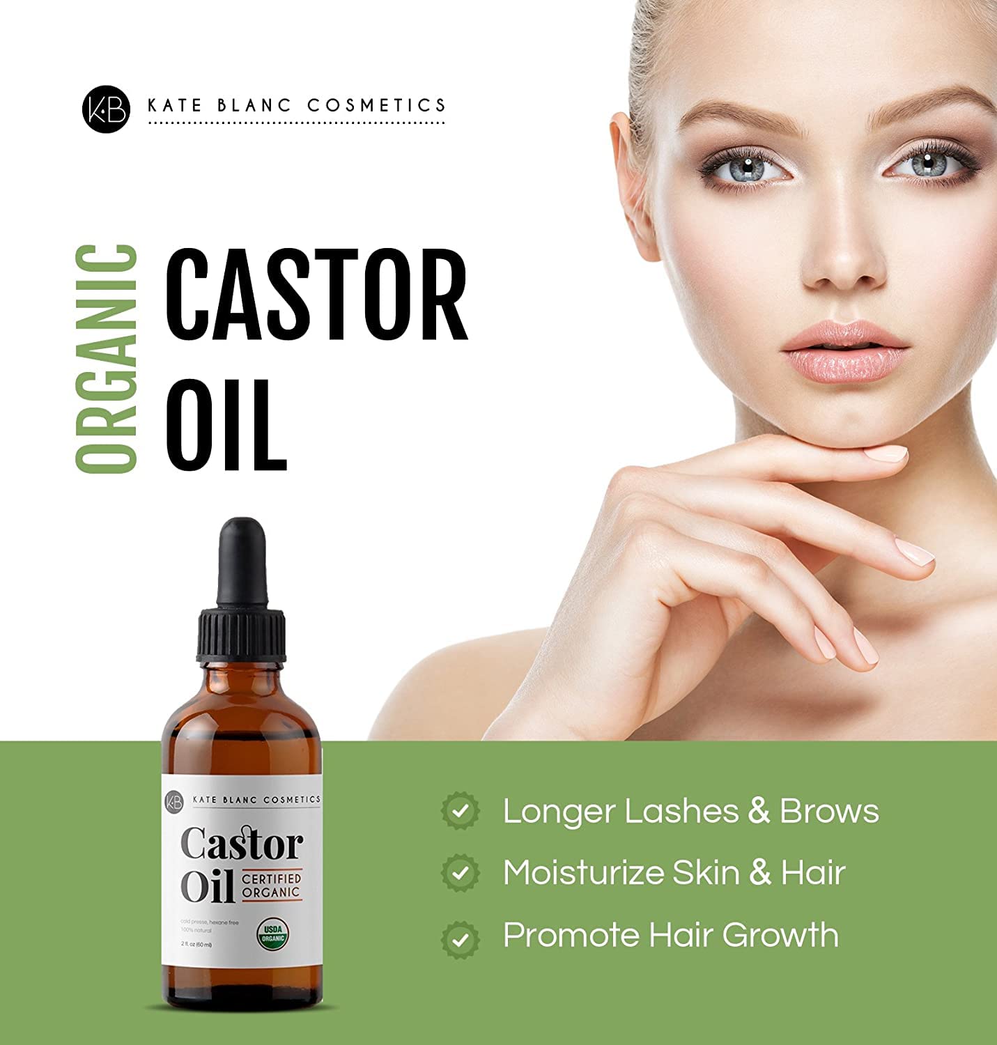 Kate Blanc Cosmetics Castor Oil (2Oz), Usda Certified Organic, 100% Pure, Cold Pressed, Hexane Free Stimulate Growth For Eyelash