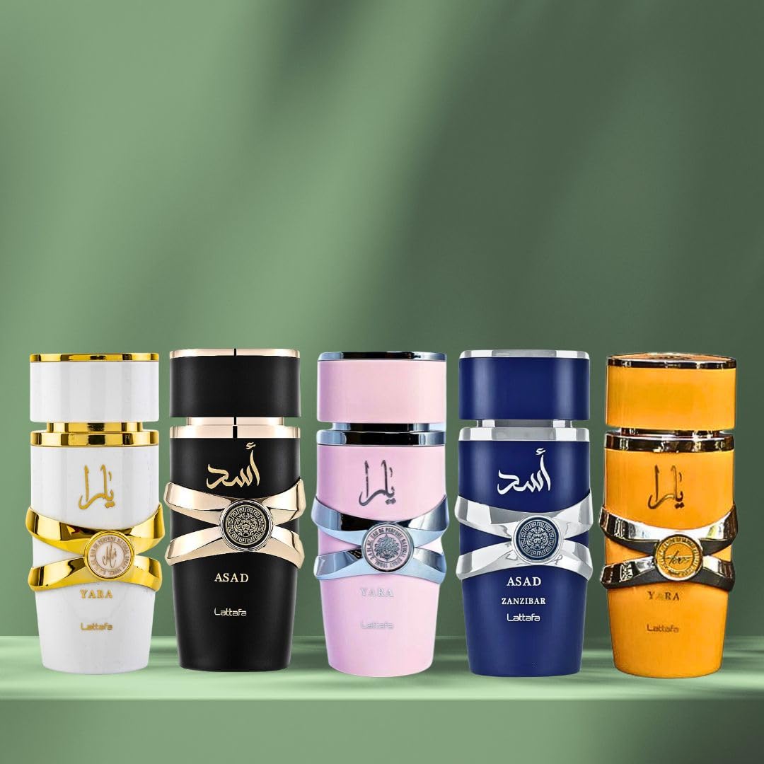 Lattafa Yara Collection 5 Piece Set - Yara, Yara Moi, Yara Tous, Asad, Asad Zanzibar - Eau De Parfum Sprays 100Ml (3.4 Oz)