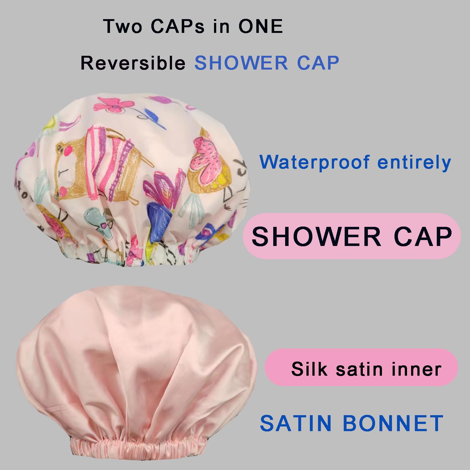2Pcs Luxury Shower Cap For Women Machine Washable, Extra Large And Reusable Silky Satin Lined Shower Cap Waterproof, Adjustable,