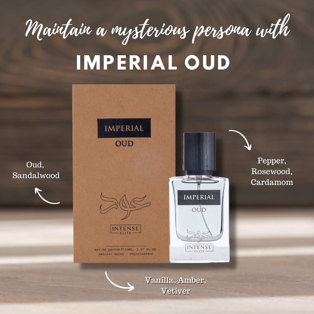 Intense Elite Imperial Oud Eau De Parfum Men 50Ml (1.67 Oz) - Arabian Perfume For Men With Pepper, Rosewood & Cardamom Notes. Lo