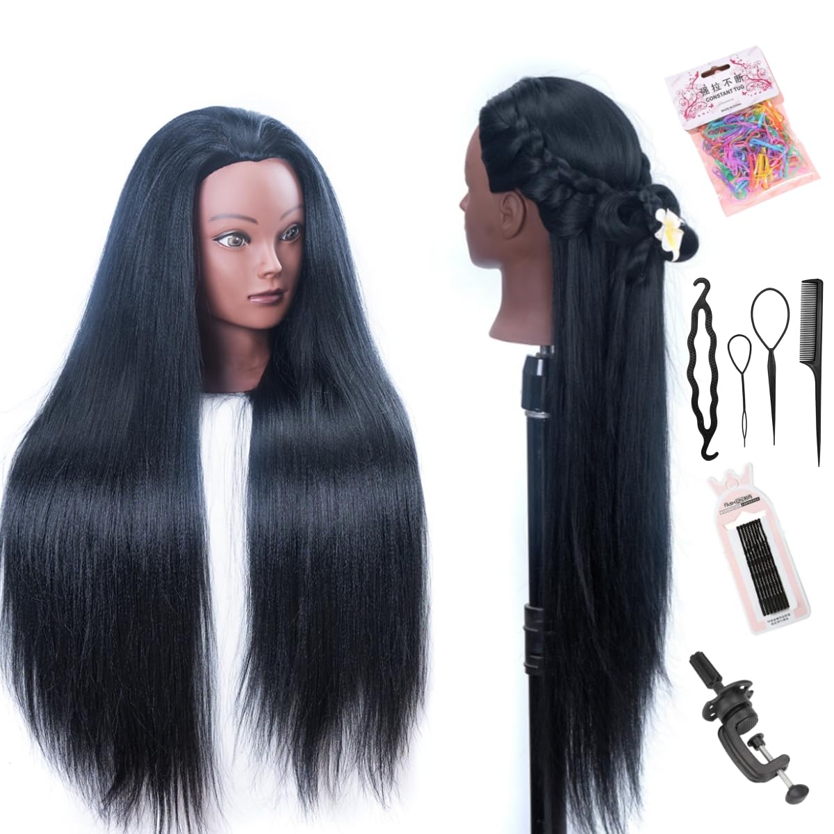 Mannequin Head with Hair 26'' hair mannequin doll head hair styling manikin head Cosmetology Doll Head Multicolored Synthetic Fi