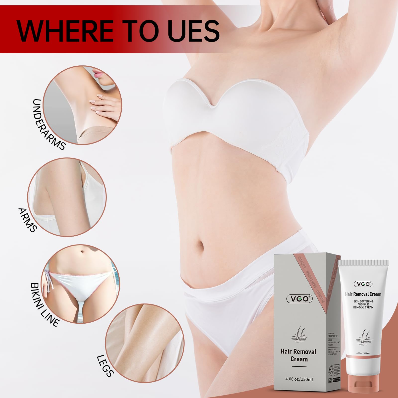 Vgo Painless Hair Removal Cream For Women & Men, Hair Removal Cream For Body, Back & Legs, All Skin Types, 4.06Oz W/Spatula