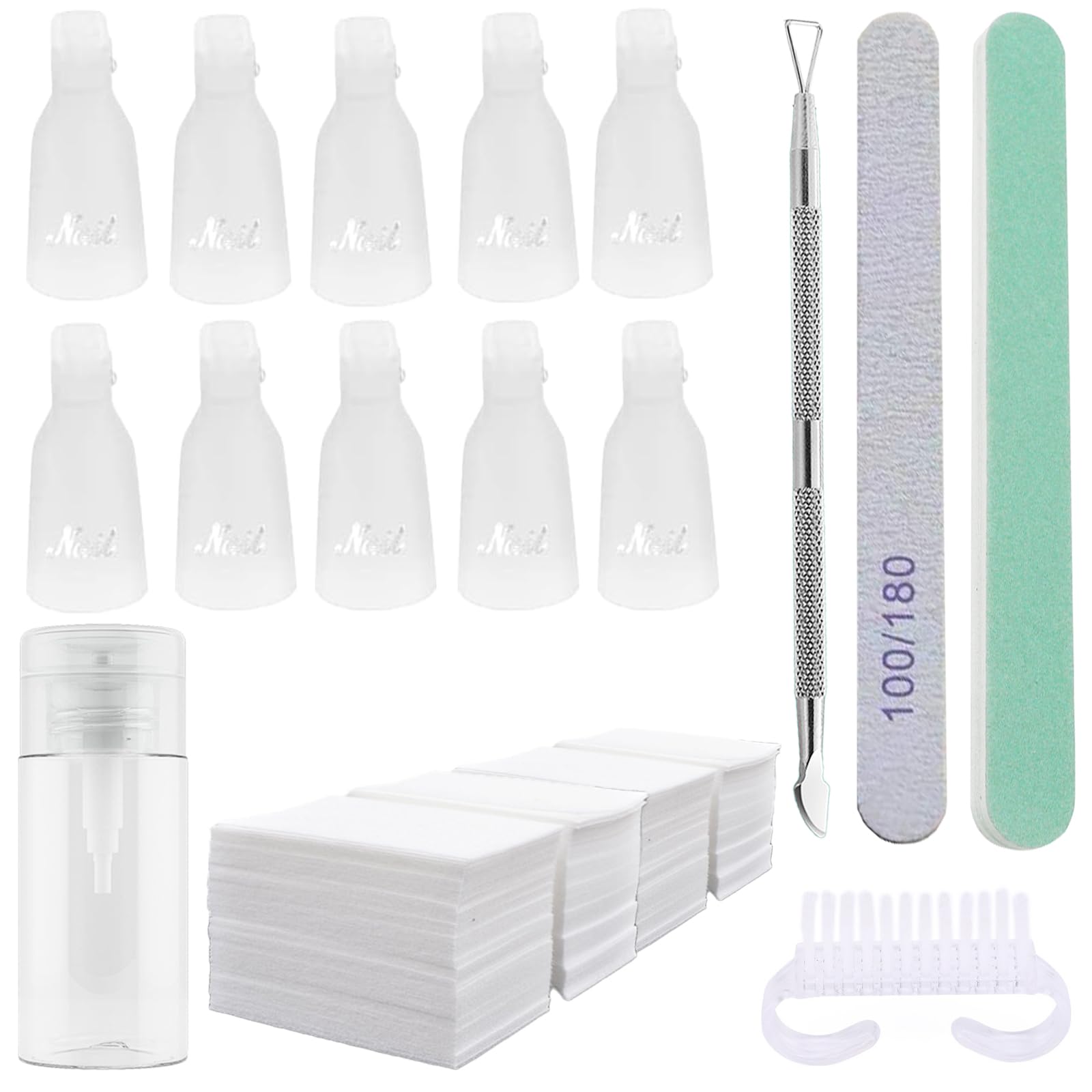 Ponjowl Gel Nail Polish Remover Kit with 10pcs White Nail Polish Remover Clips Cap, Acetone Nail Dispenser Bottle, Polish Cuticl