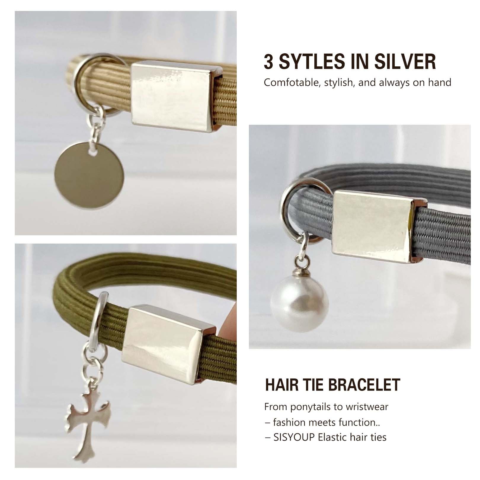 Thick Hair Ties Bracelets For Women, 8Mm Ponytail Holders With Silver Charm, Cute Elastic Bands For Girls, Soft No-Slip Stretchy