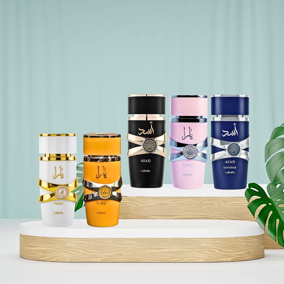 Lattafa Yara Collection 5 Piece Set - Yara, Yara Moi, Yara Tous, Asad, Asad Zanzibar - Eau De Parfum Sprays 100Ml (3.4 Oz)
