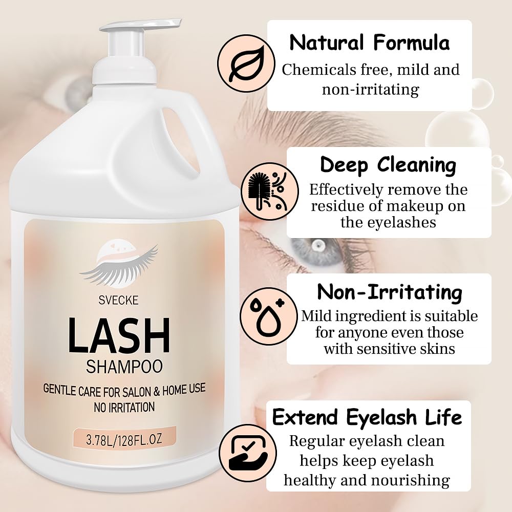 Svecke Eyelash Shampoo, 128 Fl.Oz/3.78L, With 50 Lash Extension Aftercare Cards, Foaming Cleanser For Professional Salon And Hom
