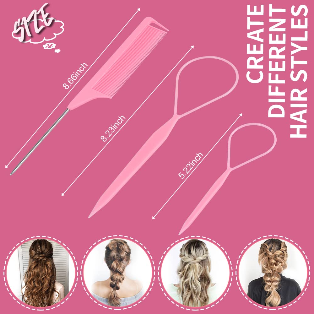 Topsy Tsmaddts Hair Styling Set - 6 Pack With French Braid Tools, Rat Tail Combs For Hair Styling (Yellow & Green)