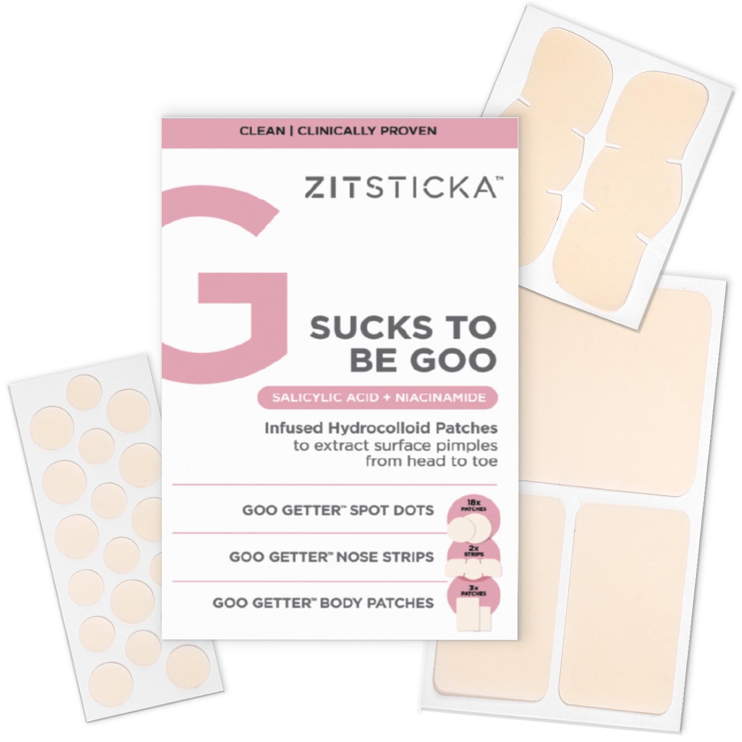 ZitSticka Sucks to be Goo Hydrocolloid Pimple Patches | 18 Goo Getter Spot Dots, 2 Nose Pore Strips, 3 Body Patches | Acne Treat