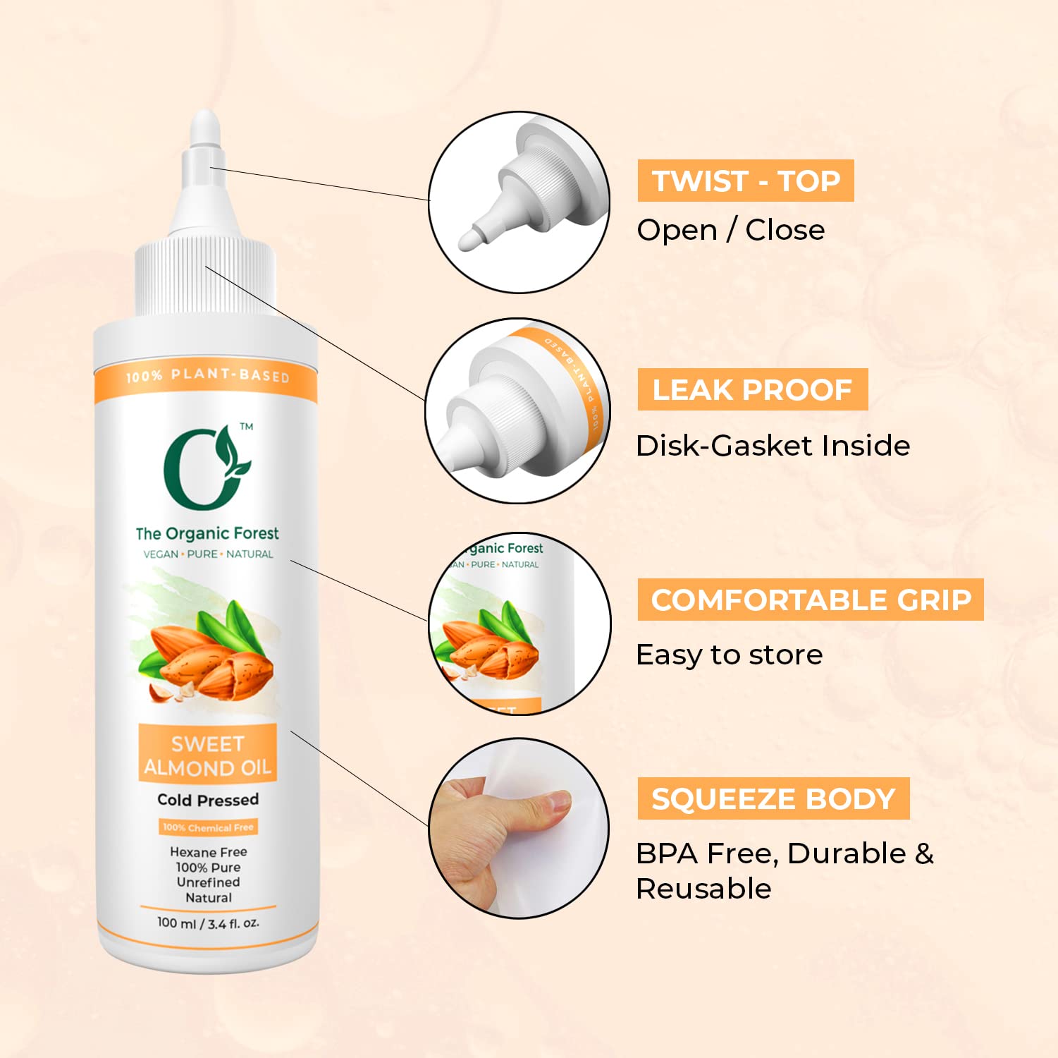 The Organic Forest Almond Oil For Hair, Face, Dry Skin, Cold Pressed 100% Pure Carrier Oil For Essential Body Oils For Women And