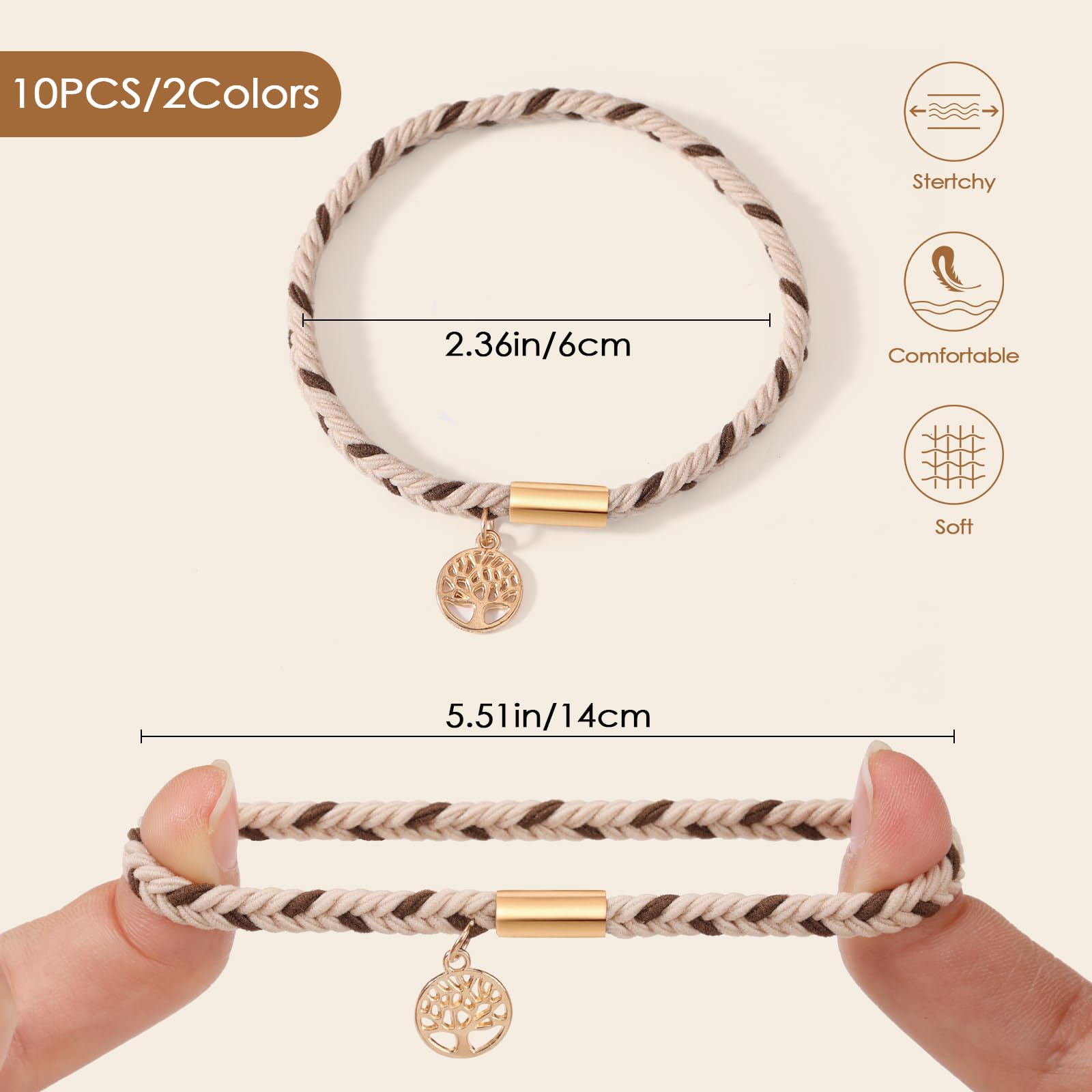 10 Boho Bracelets, Braided & Stretch Hair Ties For Thick/Thin Hair, 5 Styles, Light Coffee Colors - No Damage Ponytail Holders