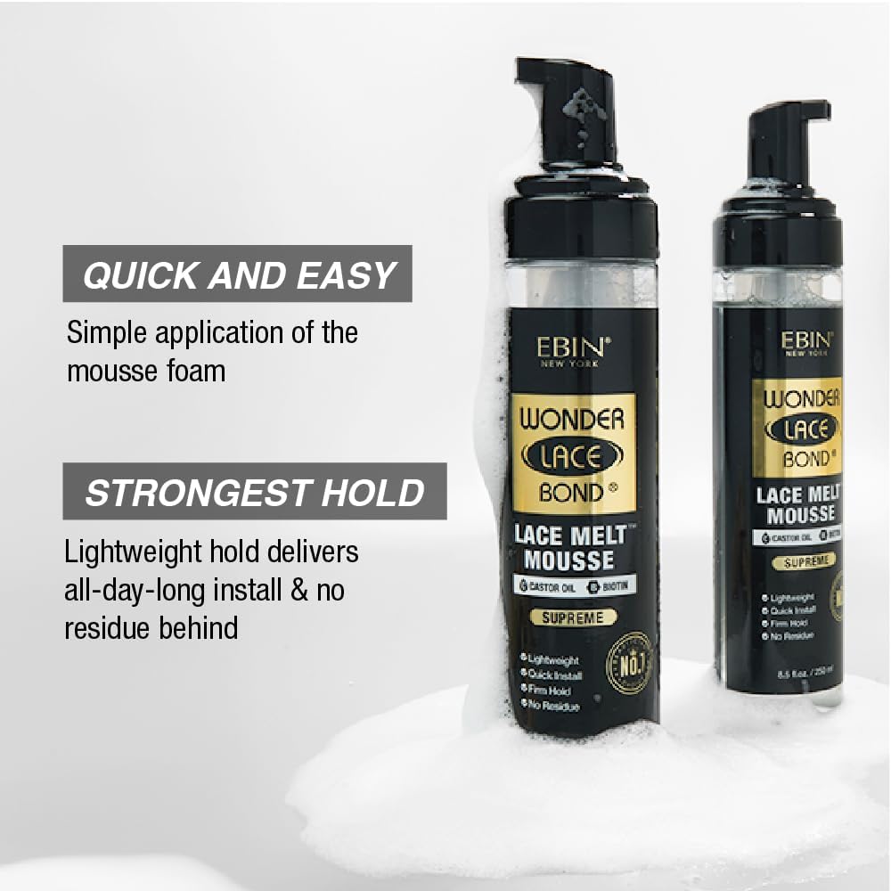 Wonder Lace Bond Lace Melt Mousse 8.5Oz/250Ml- Extreme Firm Hold (Supreme) | Biotin + Castor Oil | No Residue, Long Lasting Form