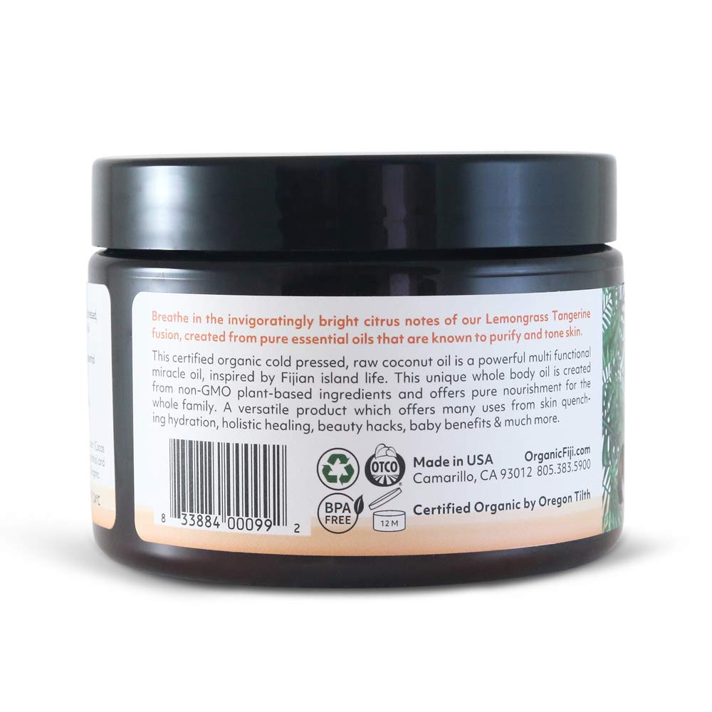 Organic Fiji Raw Cold Pressed Coconut Oil For Hair, Skin, Face & Body | Relaxing Massage Oil | Lemongrass Tangerine,12 Oz For Wo