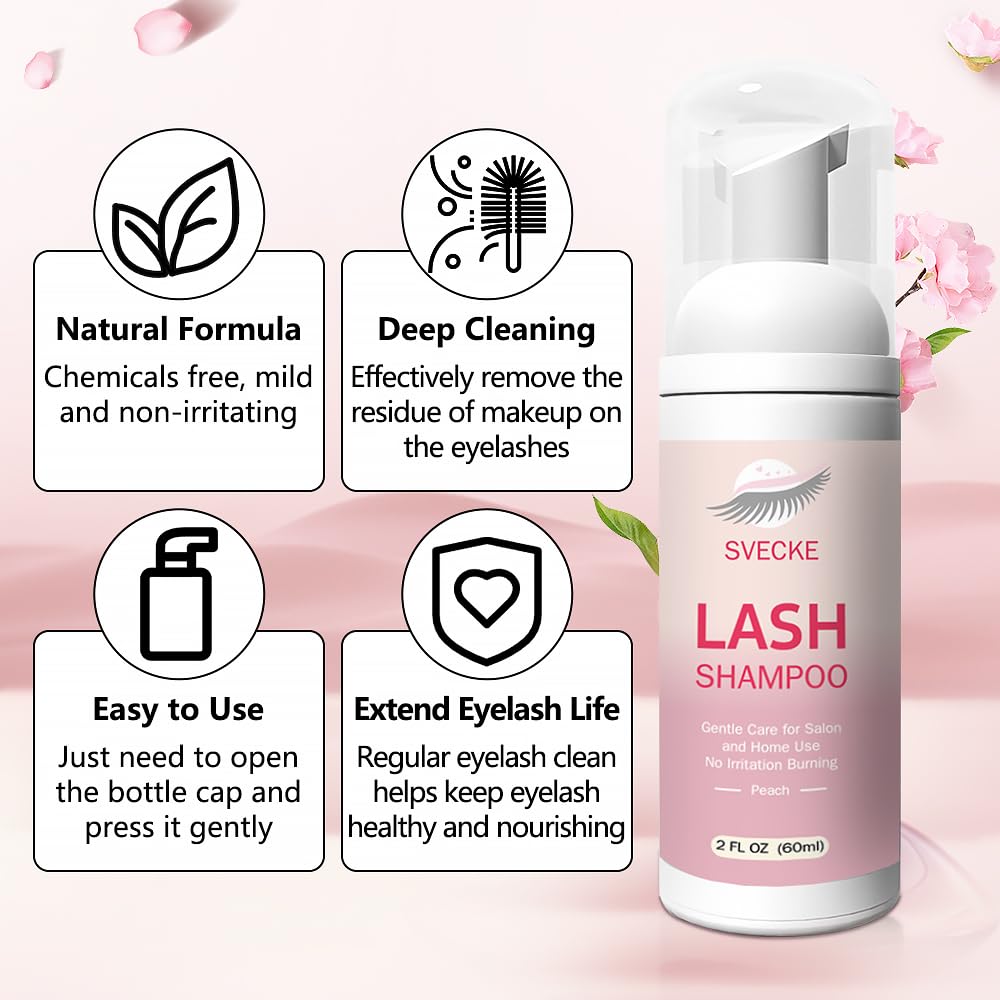 Svecke Lash Shampoo Kit For Eyelash Extension, Eyelash Shampoo 2 Fl.Oz / 60Ml, Eyelash Extension Cleanser, Lash Eyelid Foam Clea