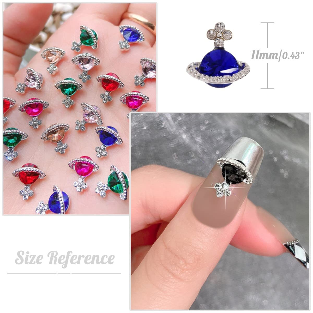 Planet Nail Charms, 54 Pcs 3D Nail Rhinestones Shiny Silver Saturn Shape, Nail Art Nail Gems Diamond Crystals Luxury Jewelry Nai