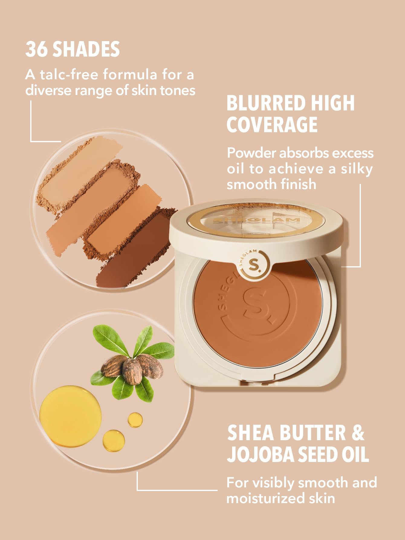 Sheglam Skin-Focus Full Coverage Powder Foundation Oil-Control Lightweight Face Pressed Powder Makeup-Mocha