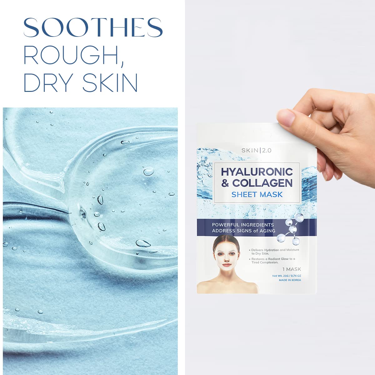 Skin 2.0 Hyaluronic Acid And Collagen Sheet Face Mask - Boosts Moisture, Skin Firming, Reduces Signs Of Aging, Hydrating Sheet M