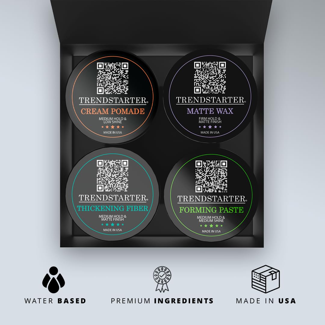 Trendstarter - Men'S Matte Premium Pomade Sample Pack - Cream, Wax, Forming Paste, Thickening Fiber (Four 0.25Oz Samples In One