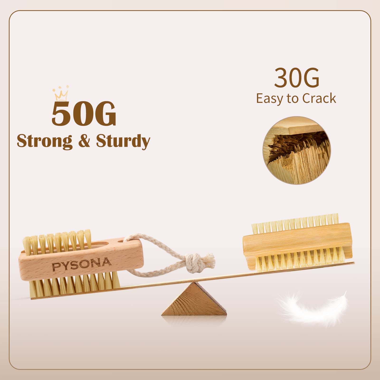 Pysona 2 Pieces Natural Wooden Bristle Nail Brushes For Cleaning Fingernail And Toenail Non-Slip Two-Sided Grip Hand Foot Nail B