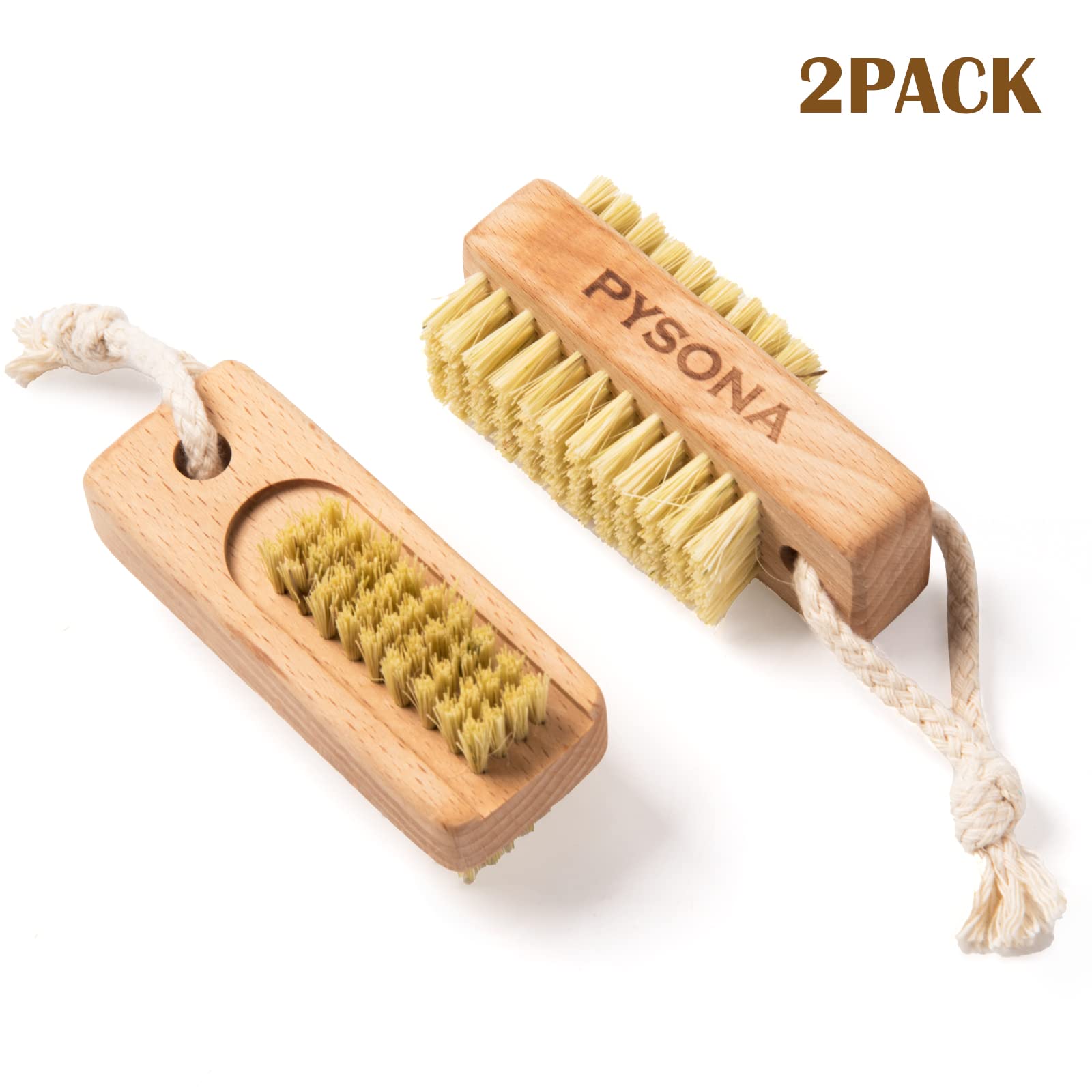 Pysona 2 Pieces Natural Wooden Bristle Nail Brushes For Cleaning Fingernail And Toenail Non-Slip Two-Sided Grip Hand Foot Nail B