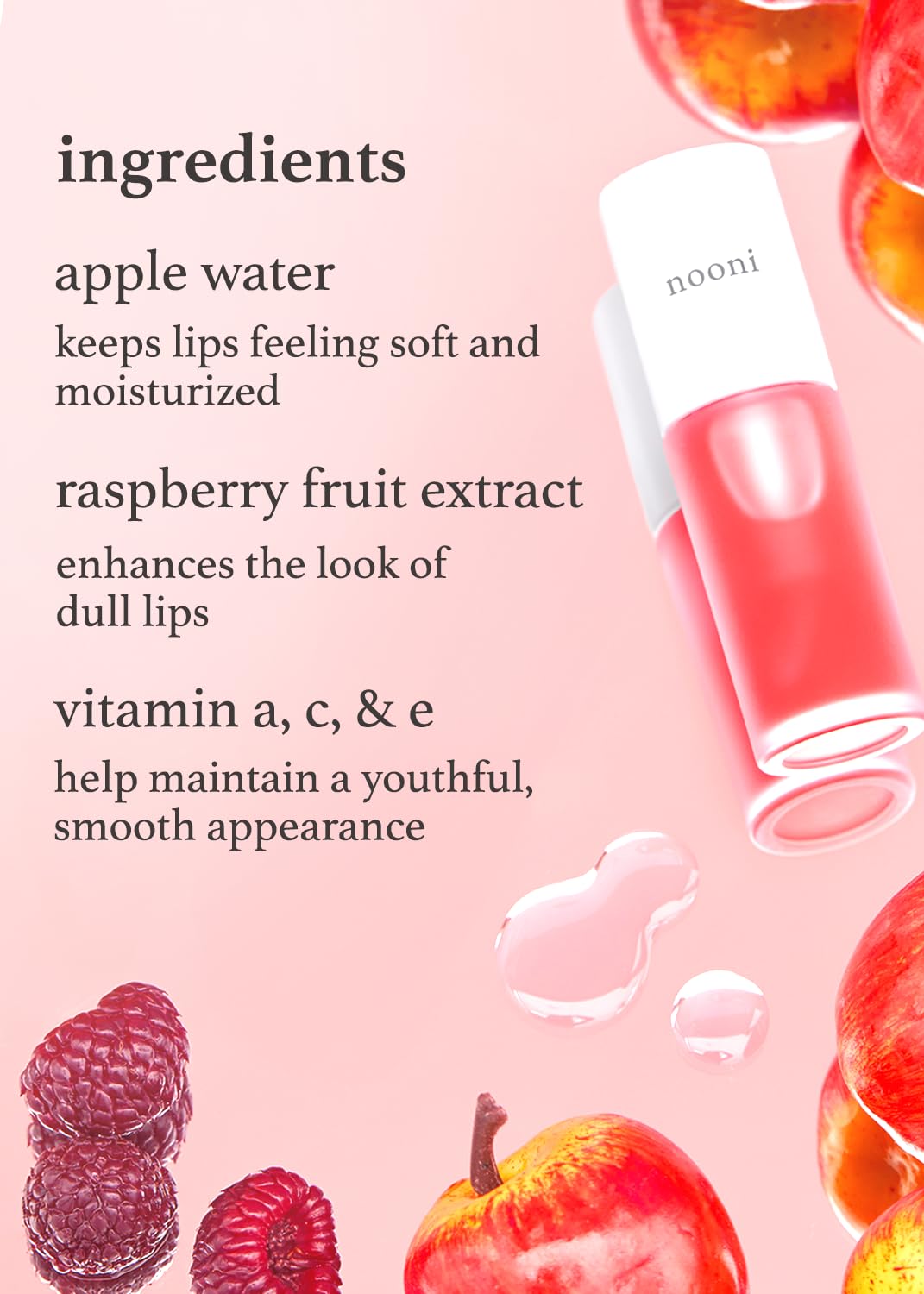 Nooni Korean Lip Oil - Appleberry | Lip Stain, Gift, Long-Lasting, Moisturizing, Plumping, Revitalizing For Dry Lips, Waterproof