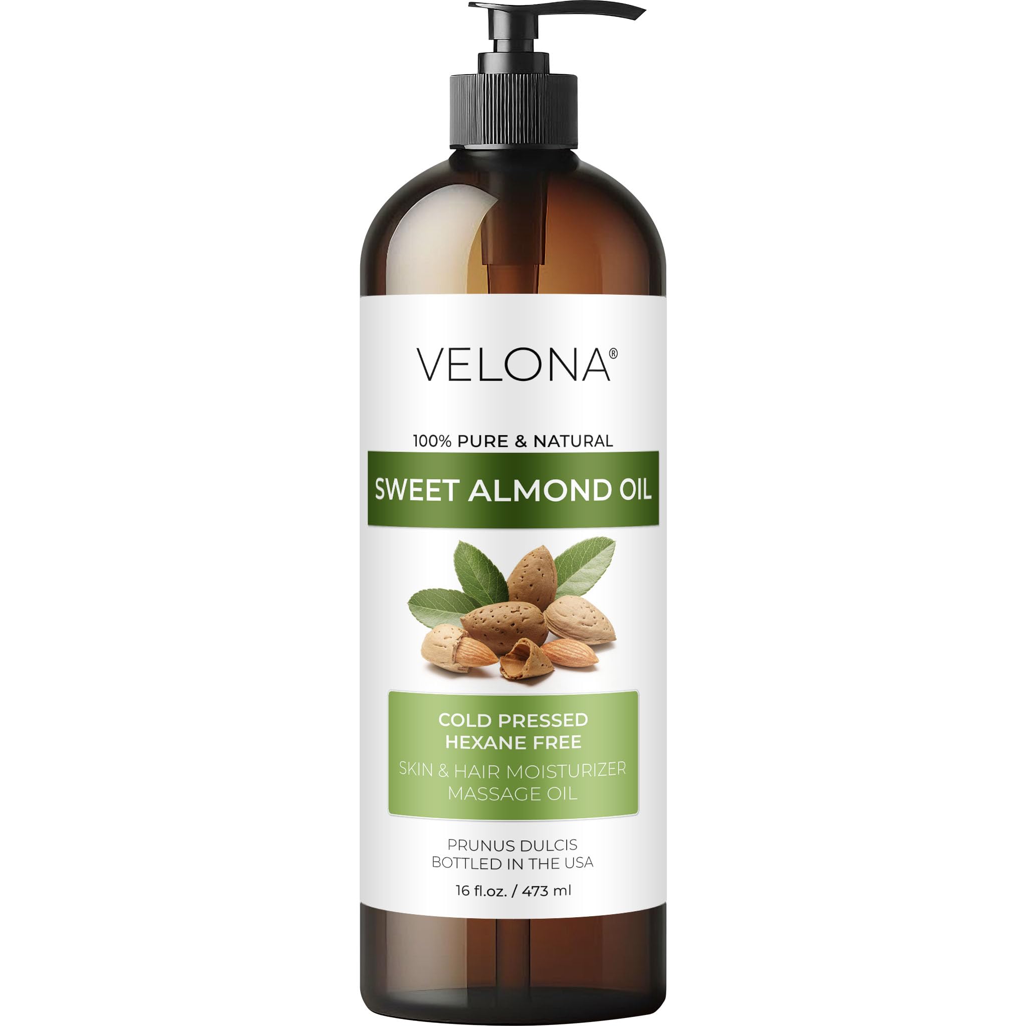 velona Sweet Almond Oil - 16 Fl Oz | 100% Pure and Natural Carrier Oil |Cold Pressed | Skin, Hair, Body & Face Moisturizing | Us