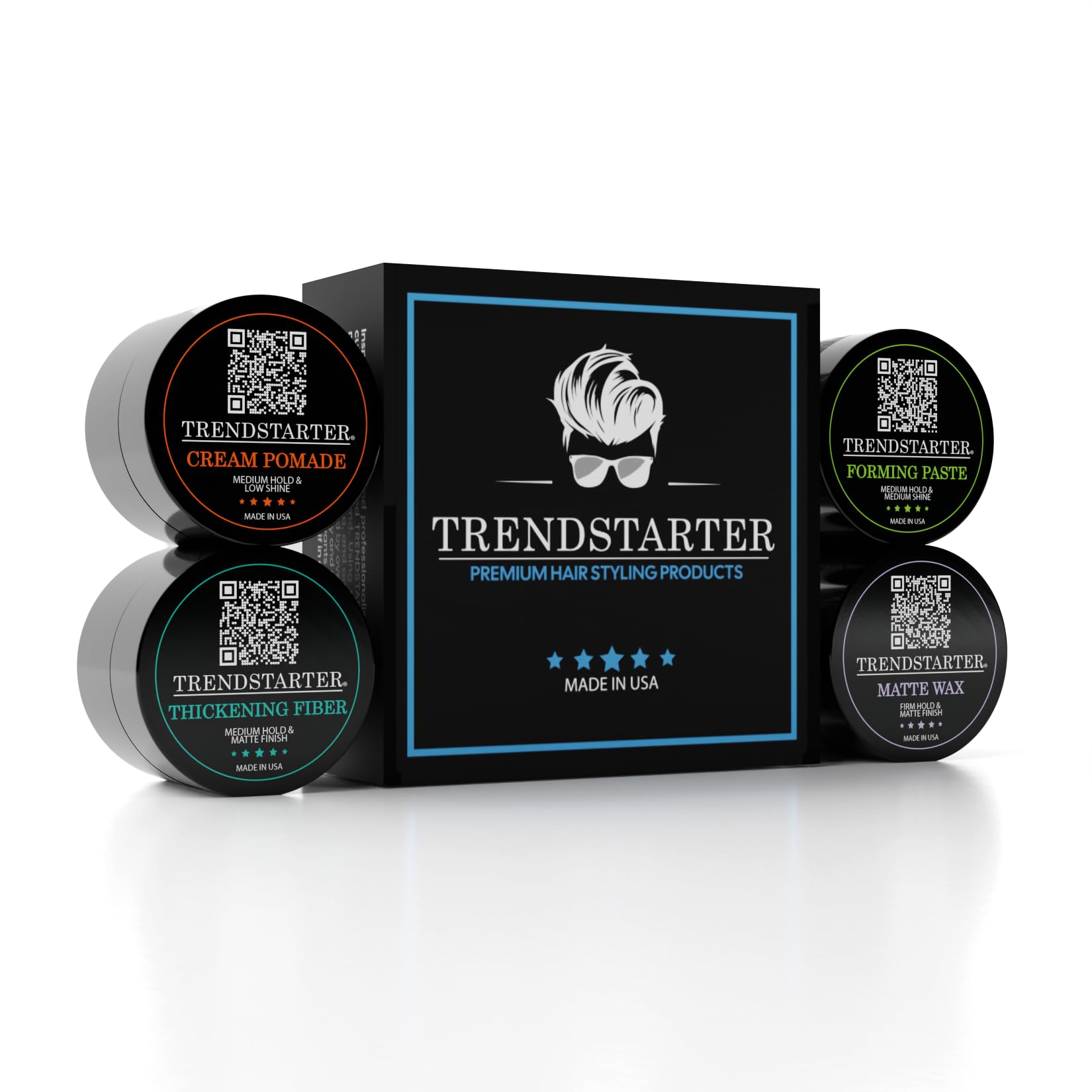TRENDSTARTER - Men's Matte Premium Pomade Sample Pack - Cream, Wax, Forming Paste, Thickening Fiber (Four 0.25oz Samples in One 