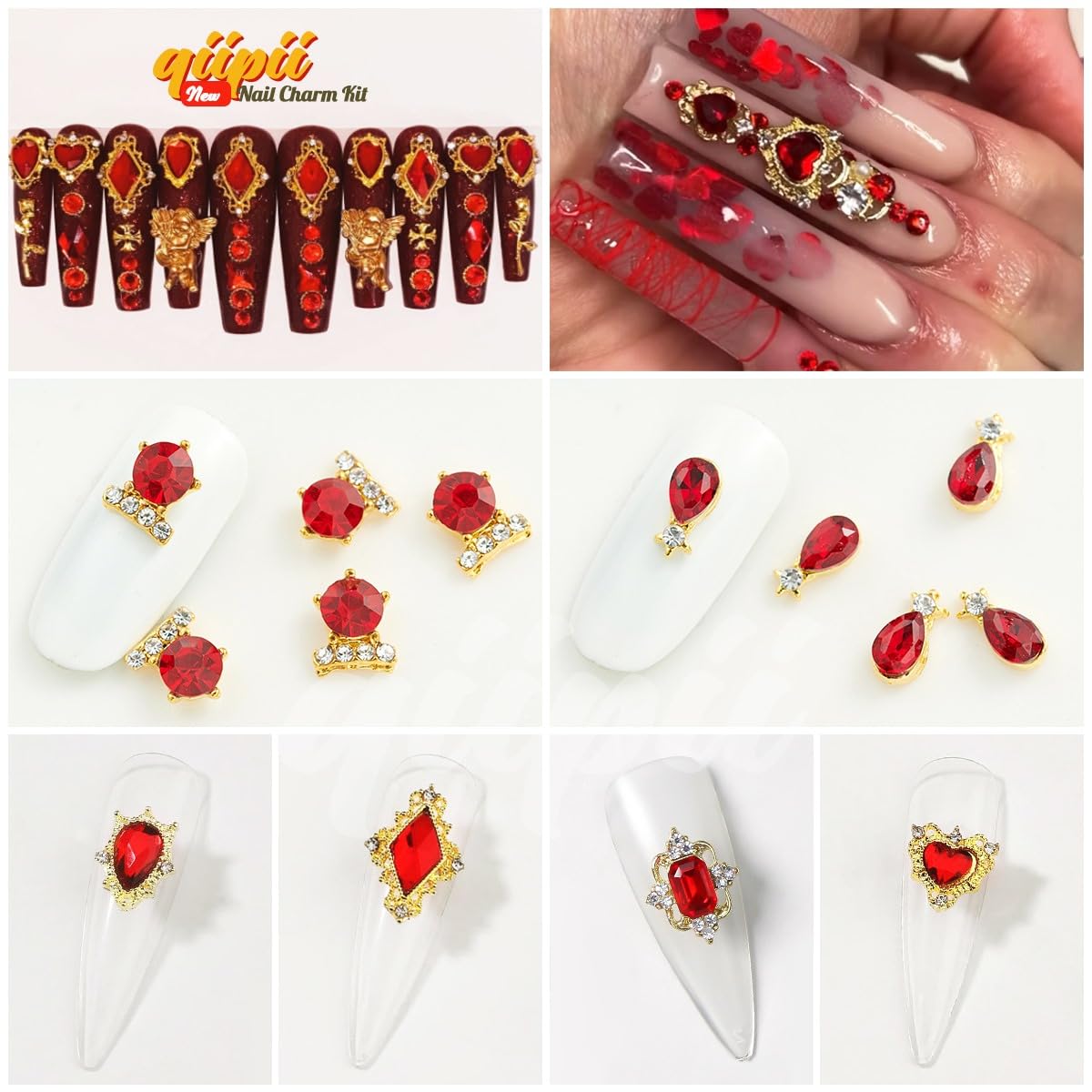 Qiipii 24Pcs Red Nail Rhinestones Luxury Nail Charms Ruby Red Heart Charms For Nails 3D Big Nail Gems Crystals Diamonds Jewelry
