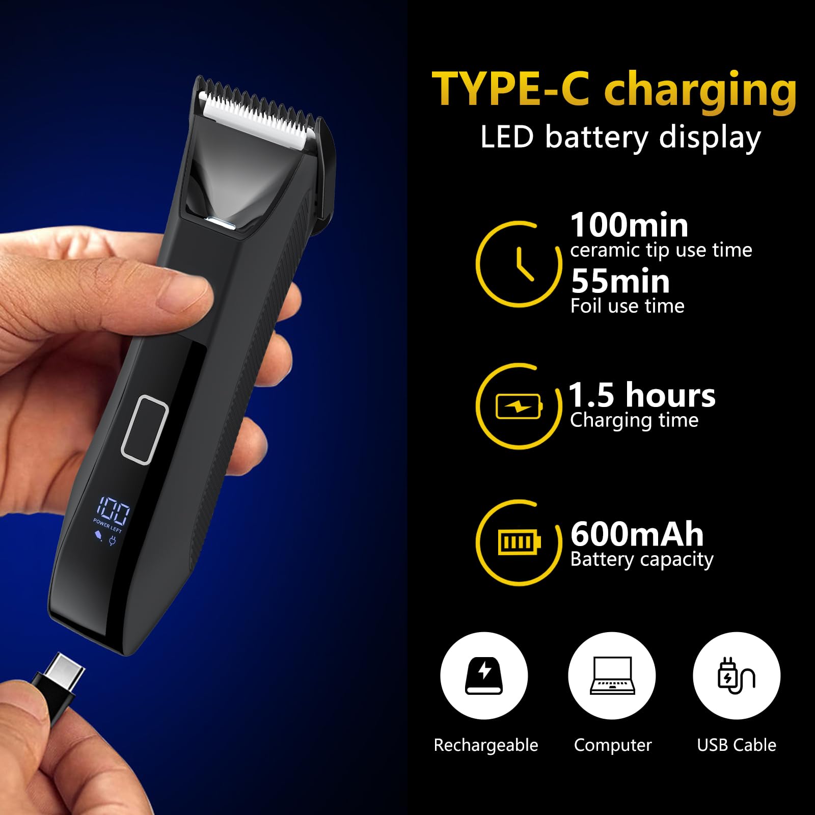 Bomic Manscape Ball Trimmer - 2-in-1 Body & Groin Hair Shaver, IPX7 Waterproof, LED Display, Lightweight, No-Nick Shaving, Travel Lock, Black